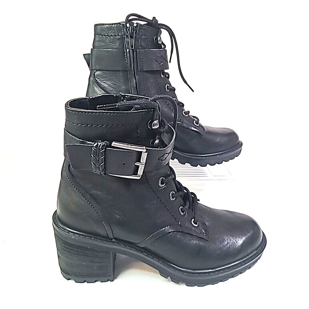 Women's Zodiac Gemma Black Leather Combat Buckle Boot with Heel Size 5.5